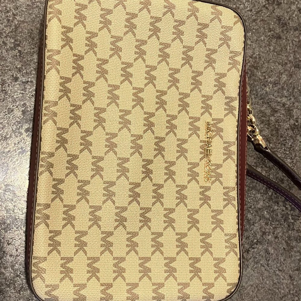 Michael Kors Beige Monogram Crossbody Bag with Brown Trim